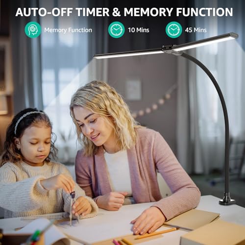ShineTech LED Desk Lamp for Home Office, 4000K Neutral White Double Head Architect Task Lamps with Clamp, Dimmable Adjustable Flexible,Black - color: 4000K- Cool White
