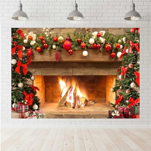 Lofaris Christmas Fireplace Backdrop Winter Xmas Tree Colorful Festive Decorations Brick Backgrounds Interior Vintage Merry Christmas Eve Party Banner Decorations 5x3ft - size: 5x3ft