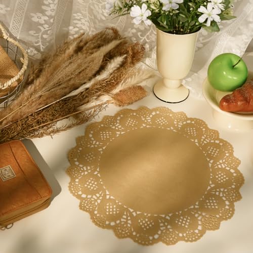 Phantomon 100 Pcs Brown Lace Paper Doilies – Disposable Natural Undyed Paper Placemats Uncolored, Eco-Friendly for Cakes, Dessert, Dining Table, Weddings, Birthday Parties (13.5 Inch) - size: 13.5 Inch