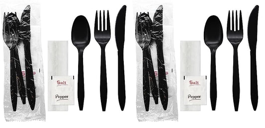 Party Essentials Individually Wrapped Plastic Cutlery Packets/Silverware Kits, Black Fork/Spoon/Knife/Napkin/Salt/Pepper, 100 Sets (Pack of 2) - color: Black Fork/ Spoon/ Knife/ Napkin/ Salt/ Pepper, size: 100 Sets (Pack of 2)