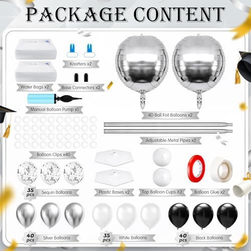 2 Sets Black and Silver White Graduation Balloon Column Stand Kit for Class of 2026, Adjustable Floor Balloon Arch Tower with Foil & Latex Balloons, DIY Decor for Grad Ceremony Backdrop - color: Black and Silver White