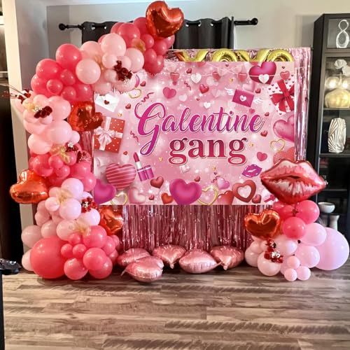 Galentine Gang Banner Backdrop 7x5FT Galentines Day Pink Cosmetics Love Heart Photography Background Valentines Girls Bestie Friend Theme Party Decorations Photo Props