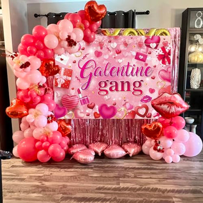 Galentine Gang Banner Backdrop 7x5FT Galentines Day Pink Cosmetics Love Heart Photography Background Valentines Girls Bestie Friend Theme Party Decorations Photo Props