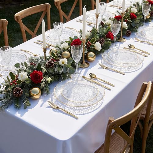 I00000 150Pcs Clear Plastic Plates with Gold Rim,Clear Disposable Plates with silverware,Gold hammer patterned plates Set include 30 Dinner Plate,30 Dessert Plate,90 Silverware Set for Party - color: Clear and gold