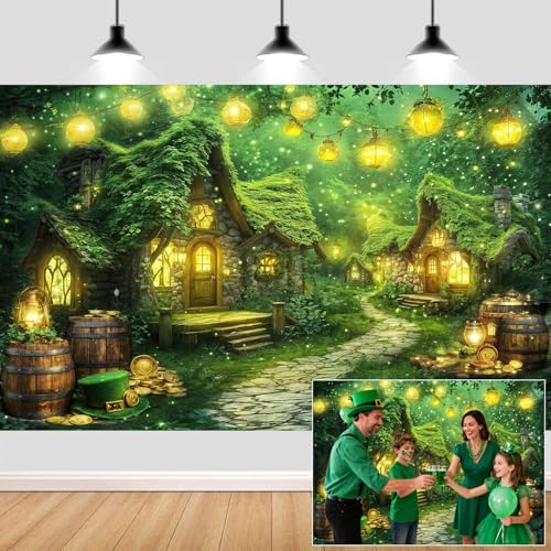 5X3ft St. Patrick's Day Backdrop Magic Enchanted Forest Green House Lucky Irish Shamrock Gold Coins Wonderland Photography Background for Kids Girls Party Decoration Cake Table Photo Booth Props - color: Multi9, size: 5x3ft