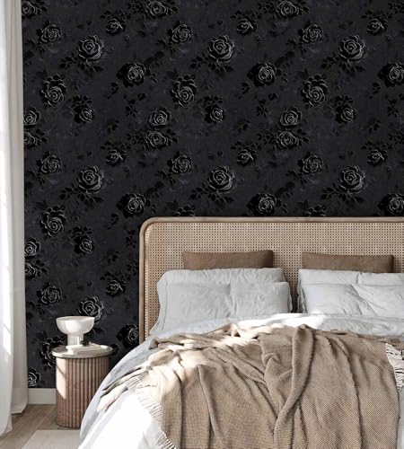 Gothic Rose Wallpaper – Black Floral Textured Peel and Stick Wallpaper, Self-Adhesive Vinyl for Home Decor, 17.7in x 236in - size: 17.7" x 236"