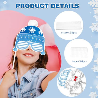 KALEFO 30Pcs Hello Winter Photo Booth Props Winter Wonderland Party Decorations Snowflake Photo Booth Props Kit Wedding Holiday Birthday Skiing New Year Party Supplies - color: Hello Winter