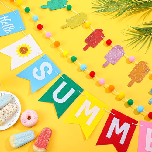 Chumia "hello Summer" ice pop Sucker Banner with Pom-pom Bunting Sucker for Party Wall Decor Hello Summer Banner for Holiday Birthday Carnival Photo Props Farmhouse Indoor Mantels Displays