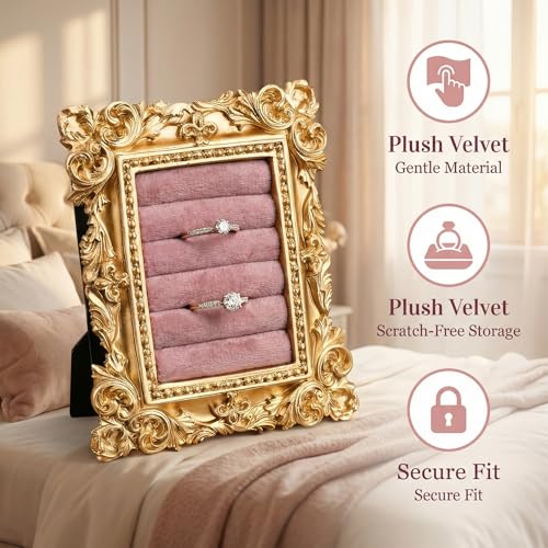 Vintage Gold Ring Holder,Desk Decer Suede Lined Jewelry Display Stand, Engagement Ring holder Photography Prop for Wedding Decor, Bridesmaid & Engagement Gift,3.94x3.54 In (Pink) - color: Pink