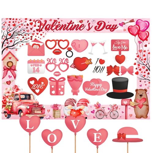 Valentine's Day Photo Booth Props Frame Selfie Lovers Photobooth Props, Creative Funny Backdrop Decorations Supplies Wedding Party Selfie Posing Signs DIY Craft (25 Pcs Props+1 Frame)