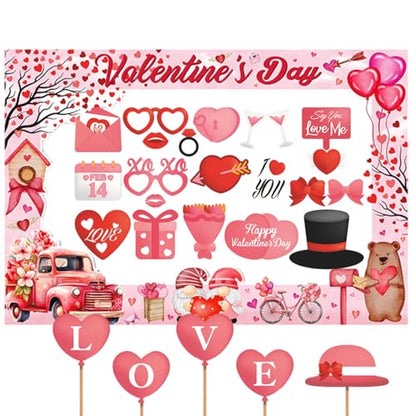 Valentine's Day Photo Booth Props Frame Selfie Lovers Photobooth Props, Creative Funny Backdrop Decorations Supplies Wedding Party Selfie Posing Signs DIY Craft (25 Pcs Props+1 Frame)