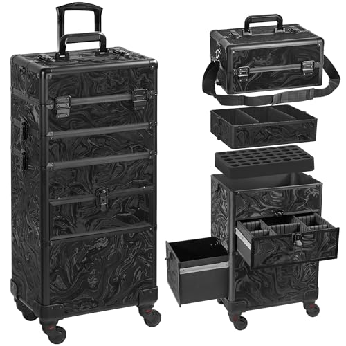 Somduy Rolling Makeup Case with Drawer, Makeup Train Case, 4 in 1Cosmetology Case on Wheels, Christmas Gift, Large Makeup Organizers, Profesional Cosmetic Case for Salon Barber, Pattern Black - color: Pattern Black