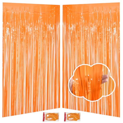 Thanksgiving Decorations Orange Streamers Fringe Backdrop 3.3x8.2ft, 2 Pack Foil Fringe Curtains for Basketball Birthday Party Decorations, Wall Door Decor Tinsel Backdrop for Halloween Bachelorette - color: Orange