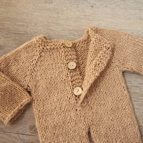 Zeroest Newborn Boy Photoshoot Outfits and Props Bear Bonnet with Footed Romper Infant Baby Photography Crochet Knitted Set - color: Khaki
