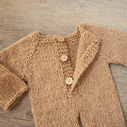Zeroest Newborn Boy Photoshoot Outfits and Props Bear Bonnet with Footed Romper Infant Baby Photography Crochet Knitted Set - color: Khaki