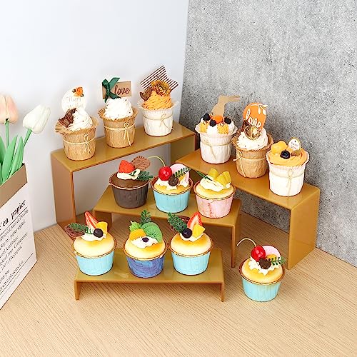 ELEGANTLIFE Acrylic Display Risers Set of 4, 4-Level Tiered Display Stands for Cupcakes, Small Figures & Jewelry, Compact Countertop Display Shelf, Multiple Colors Available (Gold) - color: Gold
