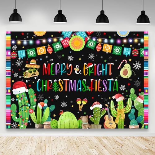 AIBIIN 7x5ft Feliz Navidad Backdrop for Fiesta Mexican Merry Bright Christmas Fiesta Banner Party Decorations Colorful Lights Cactus Photography Background Winter Christmas Party Banner Props