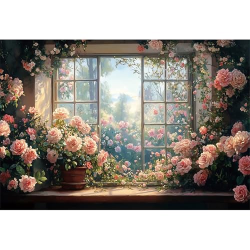 5x3ft Window Floral Backdrop Photography Flowers Wedding Bridal Shower Photography Background Retro Oil Painting Flower Banner for Girls Women Birthday Newborn Party Decorations Props - color: green and pink-1, size: 5x3ft