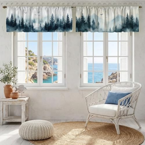 Misty Forest Curtain, Two-Pack, Mist Mountain Bird Watercolor Landscape,Applicable to Bathroom, Bedroom, 54x18 inches. - color: Misty Forest