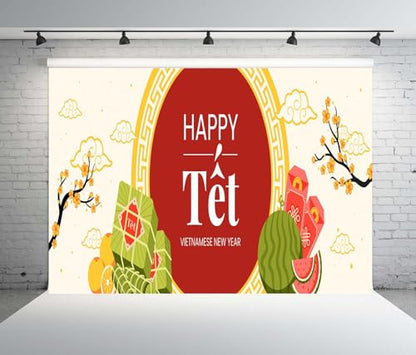 BELECO 8x6ft Fabric Happy TET Vietnamese New Year Backdrop TET Decorations Lunar New Year Background Asian New Year Party Decorations Holiday Photoshoot Studio Props - size: 8x6ft