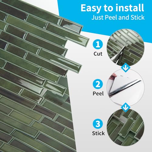 Art3d 10-Sheet Peel and Stick Backsplash Tile for Kitchen - 12”×12” Stick on Wall Tile for Kitchen Bathroom Countertop Living Room, Green - color: Green