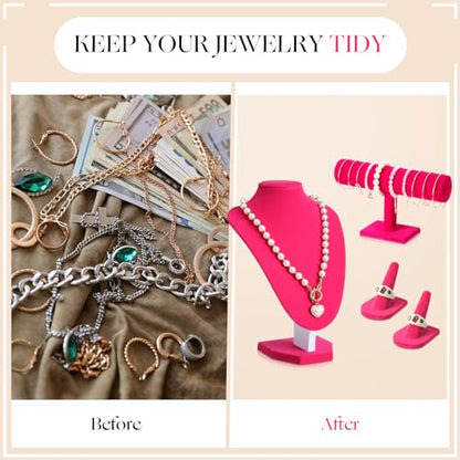 Wenqik 4 Pcs Velvet Jewelry Display Set Velvet Necklace Bust Holder Bracelet Organizer 2 Ring Finger Jewelry Holder - color: Rose Red