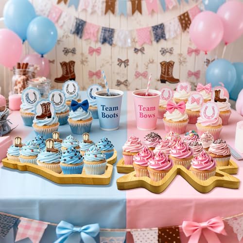 2 PCS Wooden Boots or Bows Gender Reveal Decorations Boot Bowtie Charcuterie Boards Bow Party Trays for Food Fillable Serving Platter Cowboy Cowgirl Tableware Set for Western Baby Shower Party Supply - color: Wooden Boot & Bow