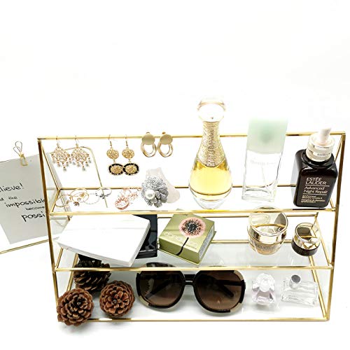 Yamfurvo 3-Tier Glass Triangular Prism Shaped Home or Retail Display Showcases, Jewelry Display Stands with Vintage Style Brass Tone Metal Frame (Large)