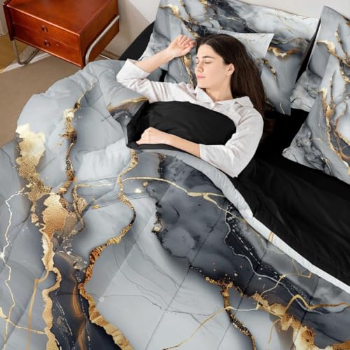 Erosebridal Marble 7 Piece Bedding Set Queen Abstract Art Comforter Set with Sheets for Kids Teen Adults,Black Grey Marbling Bed in A Bag Modern Style Rendered Marble Grain Bed Set - color: Black Grey, size: Queen