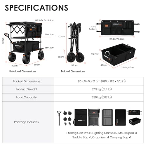 TARION Video Production Camera Cart - Foldable Photography Dolly with Inflatable Rubber Wheels and Wider Top Shelf - Heavy Duty Mobile Workstation with Storage Bins for Film Crew - Titanrig Cart Pro - style: Titanrig Cart - Pro