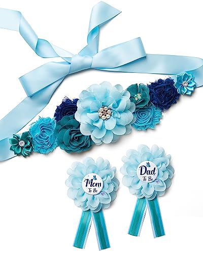 Baby Shower Sash Decorations Mom to Be Corsage Gift Dad to Be Pin 3Pack Set Flower Belt for Maternity Dress - Gender Reveal Pregnancy Photo Props - color: Light Blue