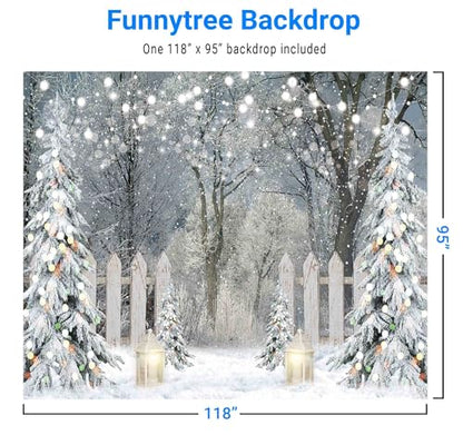 Funnytree 10x8FT Winter Photography Backdrop Glitter Snowy Forest Pine Tree Background Let It Snow Christmas Xmas Holiday Party Decor Banner Portrait Studio Booth Photobooth Props - size: 118 x 95 in