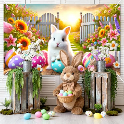 BlissYard Happy Easter Party Backdrop Banner Spring Easter Bunny Backdrop White Rabbit Colorful Easter Eggs Photography Background Floral Rabbit Easter Baby Shower Jesus Party Photo Props 71 x 43 - color: Easter Bunny#7