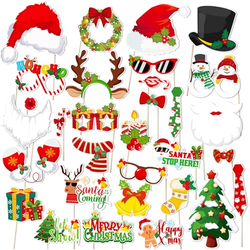 30pcs Christmas Photo Booth Props Funny Christmas Party Decorations Photobooth Favors Games Supplies for Kids Adults - color: Red Green White