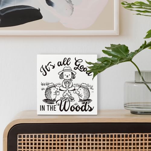 Farmhouse Shelf Decor Wood Sign, It’s All Good in the Woods Camping Theme White Wooden Block Plaque for Cabin Desk Tabletop Display Rustic Home Accent 5x5 Inches Gift