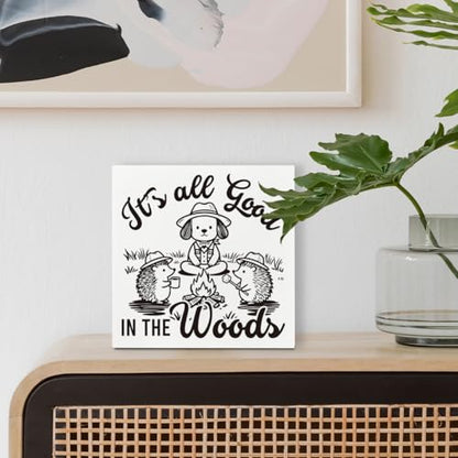 Farmhouse Shelf Decor Wood Sign, It’s All Good in the Woods Camping Theme White Wooden Block Plaque for Cabin Desk Tabletop Display Rustic Home Accent 5x5 Inches Gift
