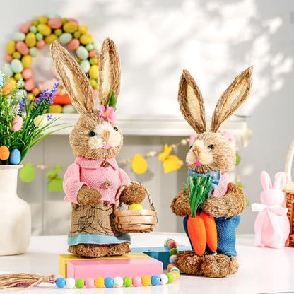 Easter Bunny Decor 13.38 in Standing Sisal Rabbit Figurine Handmade Easter Straw Mr. Bunny Statues Spring Straw Bunny Cute Photo Props Gifts for Farmhouse Spring Home Porch Decor Easter Table Decor