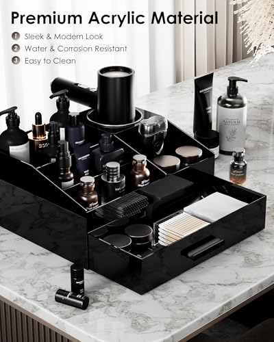 ProCase Cologne Organizer with Drawer, Acrylic Perfume Holder & Bathroom Countertop Organizer for Men & Women, Dresser Vanity Storage for Cologne, Perfume and Skincare -1 Layer, Cup - style: 1 Layer with Hair Dryer Holder