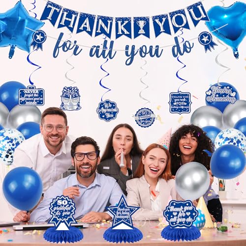 Vlipoeasn We Appreciate You Banner Decorations, Blue Silver Thank You for All You Do Backdrop Banner Honeycomb Centerpieces, Retirement Office Decor Staff Teachers Professors Doctor Nurses - style: Bue Silver