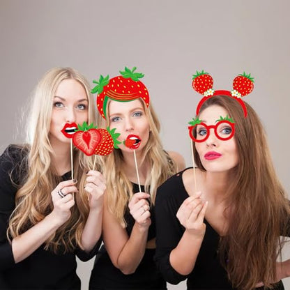 28 Pcs Strawberry Photo Booth Props Berry Sweet Theme Selfie Props for Summer Fruits Birthday Wedding Party Decoration Supplies