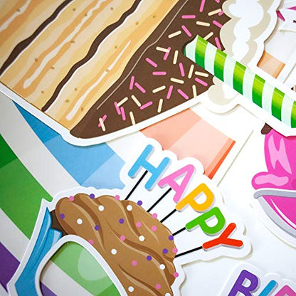 Happy Birthday Party Photo Booth Props | 18 Piece Set by Paper and Cake | Includes Cake, Balloon, Candles, and More | Perfect for Birthday Celebrations