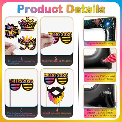 2026 New Year Photo Booth Inflatable Frame Kit, 30Pcs Colorful Neon New Years Photo Booth Props with Inflatable Picture Frame for New Year Eve Party Selfie Props Supplies - color: Colorful