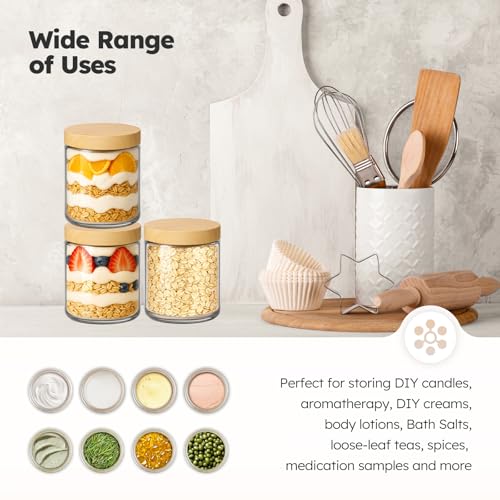 Tecohouse 8oz Glass Jars with Plastic Woodgrain Lids, 3 Pack Candle Jars with Blank Labels, 250g Clear Glass, Wide Mouth | Cosmetic Containers for Sample, Cream, Lotion, Honey, Powder, Jelly - color: Clear-Woodgrain Lids