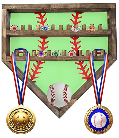 Baseball Championship Ring Display Case - 24 Post Sports Medal Wall Mount Box for Men and Boys (Green) - color: Green