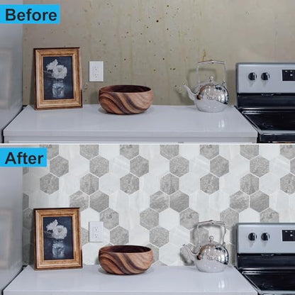 Thickened Hexagon Peel and Stick Tile Backsplash, New Upgrade Mixed Grey Waterproof Stick on Backsplash, Self-Adhesive Marble Tiles for Kitchen,Bathroom and Bedroom，10-Sheet. - color: Mixed Grey