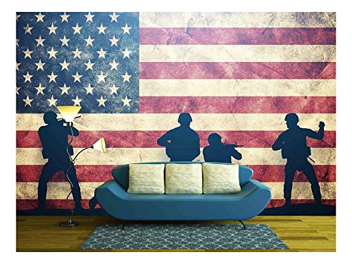 wall26 - Soldiers in Assault on Grunge USA Flag. American Army, Military Concept. - Removable Wall Mural | Self-Adhesive Large Wallpaper - 66x96 inches - color: Artwork - 17, size: 66"x96"
