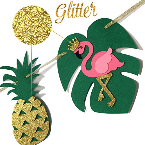 Hawaiian Birthday Party Decoration for Luau Summer Pool Glitter Gold Birthday Banner for Aloha Party Coconut Palm and Beach Happy Birthday Banner Photography Props