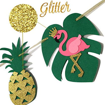 Hawaiian Birthday Party Decoration for Luau Summer Pool Glitter Gold Birthday Banner for Aloha Party Coconut Palm and Beach Happy Birthday Banner Photography Props