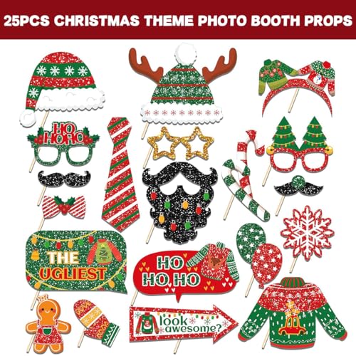 20 Pcs Christmas Ugly Sweater Photo Booth Props Xmas Theme Santa Claus Hat Reindeer Photo Props Selfie Photography for Xmas Winter Holiday Birthday Party Decorations Supplies