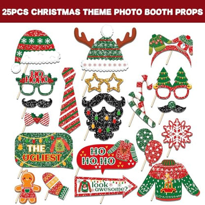 20 Pcs Christmas Ugly Sweater Photo Booth Props Xmas Theme Santa Claus Hat Reindeer Photo Props Selfie Photography for Xmas Winter Holiday Birthday Party Decorations Supplies
